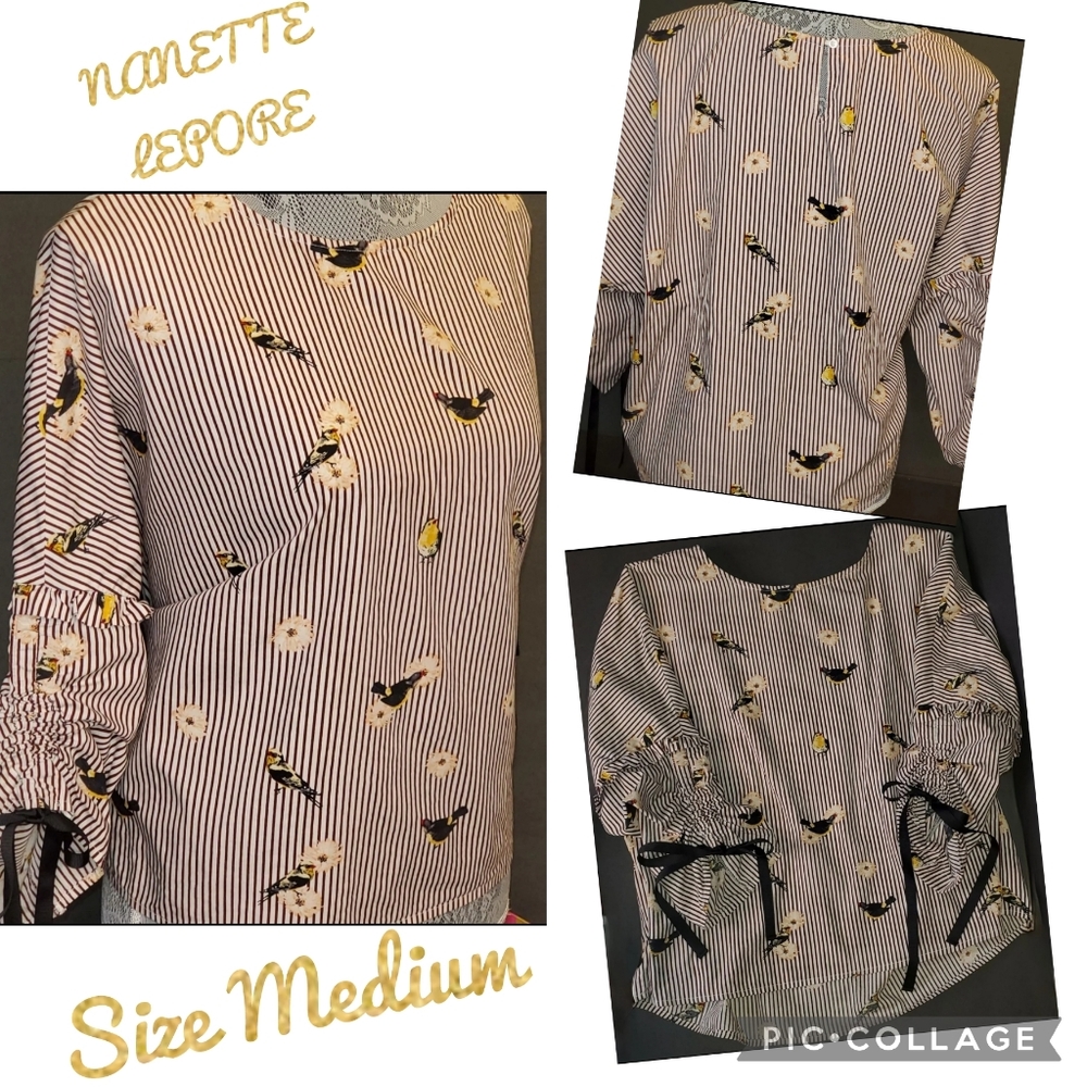 Nanette Lepore Medium EUC Striped Bird Print Flowy Top Blouse